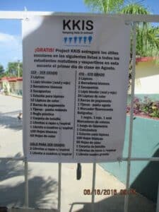 Signs telling parents what KKIS will supply the first day of school.