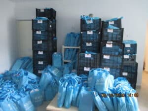 Mountains of filled KKIS bags for the kids of Playa del Carmen